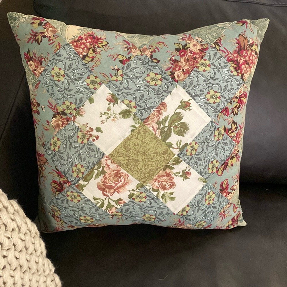 Olivia Embroidered Patchwork Throw Pillow, 100% Cotton, 16” x 16” NWT